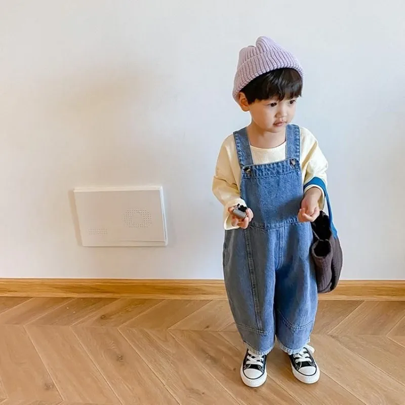 Autumn New Children Loose Overalls boys girls casual all-match denim Trousers Spring Fall Solid Outwear 1-7Y Kids bib pants