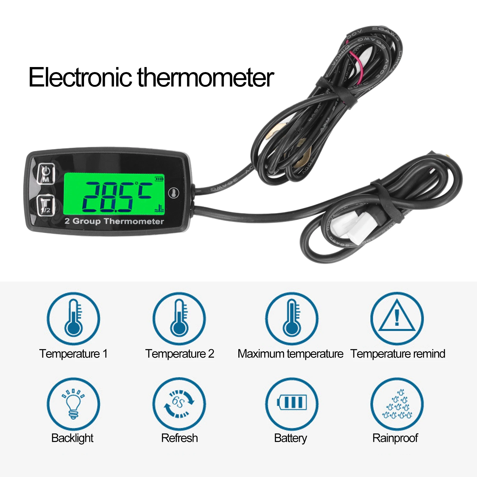 LCD Tachometers Anti Impact Reliable Dual Channel Engine Temp Gauge Meter with Green Backlight for ATV for Motorcycle for Boat 