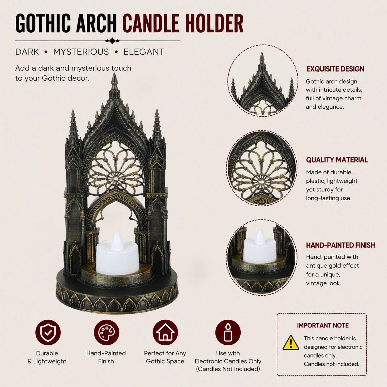 Cross-border Gothic Church Rose Window Candle Holder, Vintage Distressed Black Gold Spire Arch Tealight Stand Dark Style Tableto