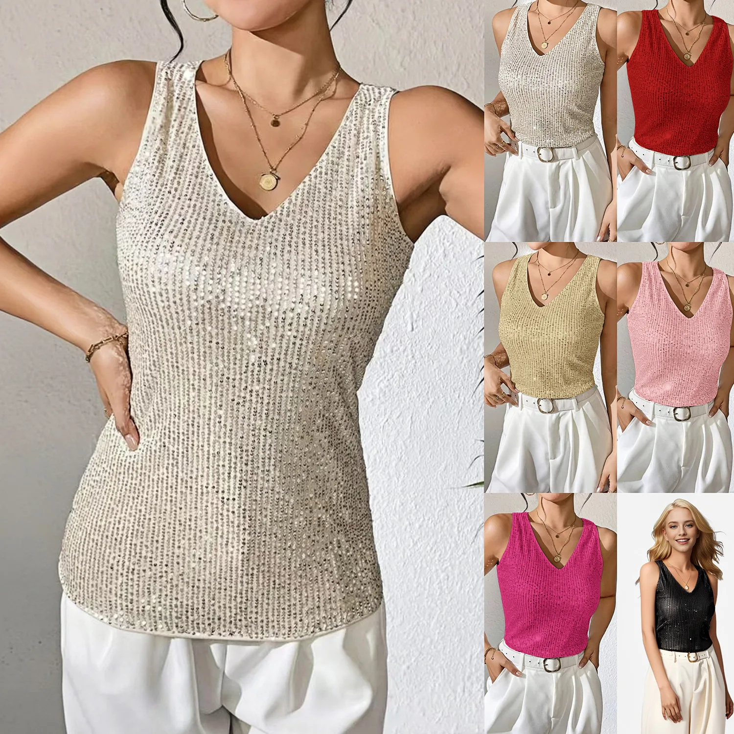 

Spring and Summer European and American New Sexy V-neck Loose Sequined T-shirt Women's Vest