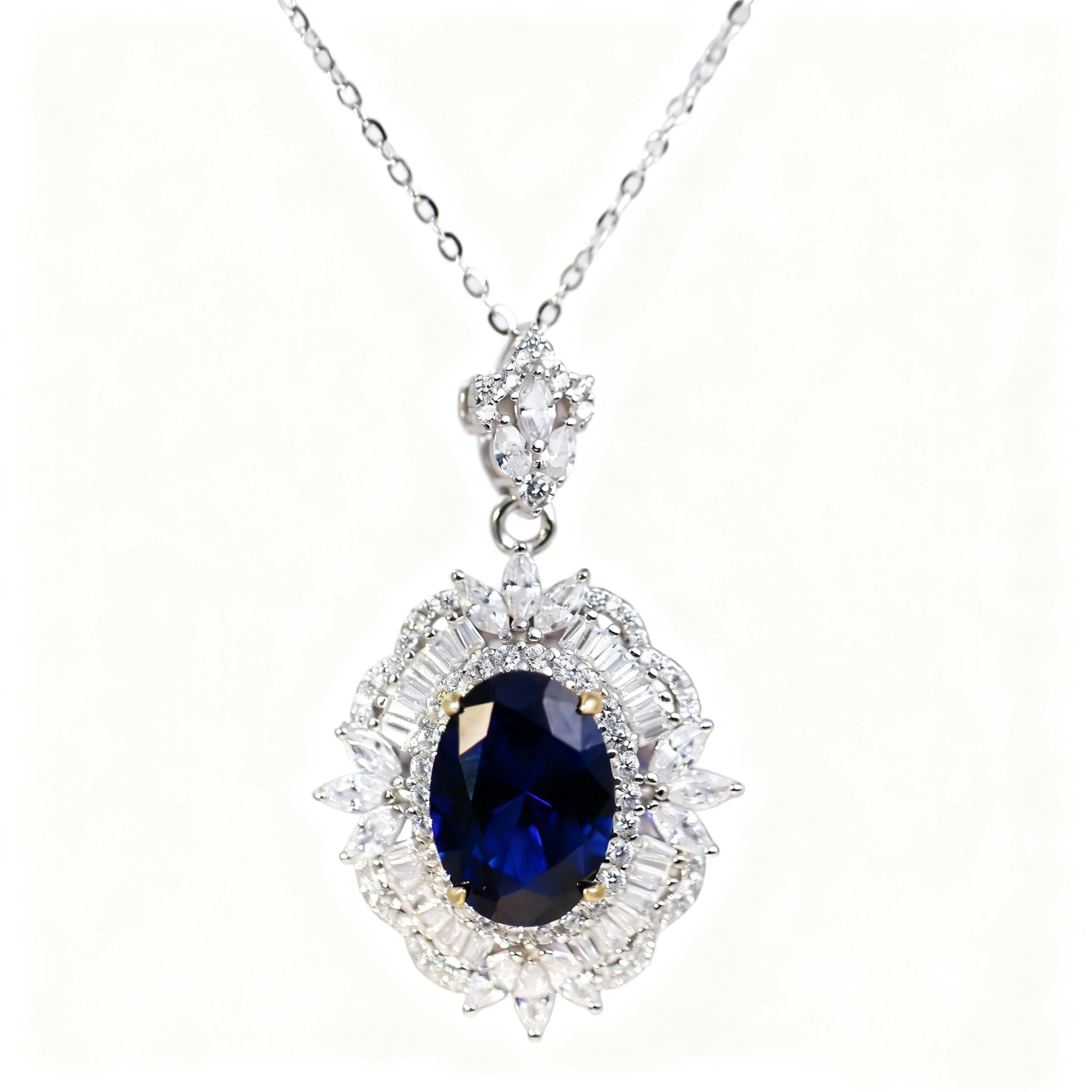 

Thick Rhodium Plated 925 Sterling Silver with Oval Lab-Created Sapphire Rhodium Plated Silver Necklace Gift for Women