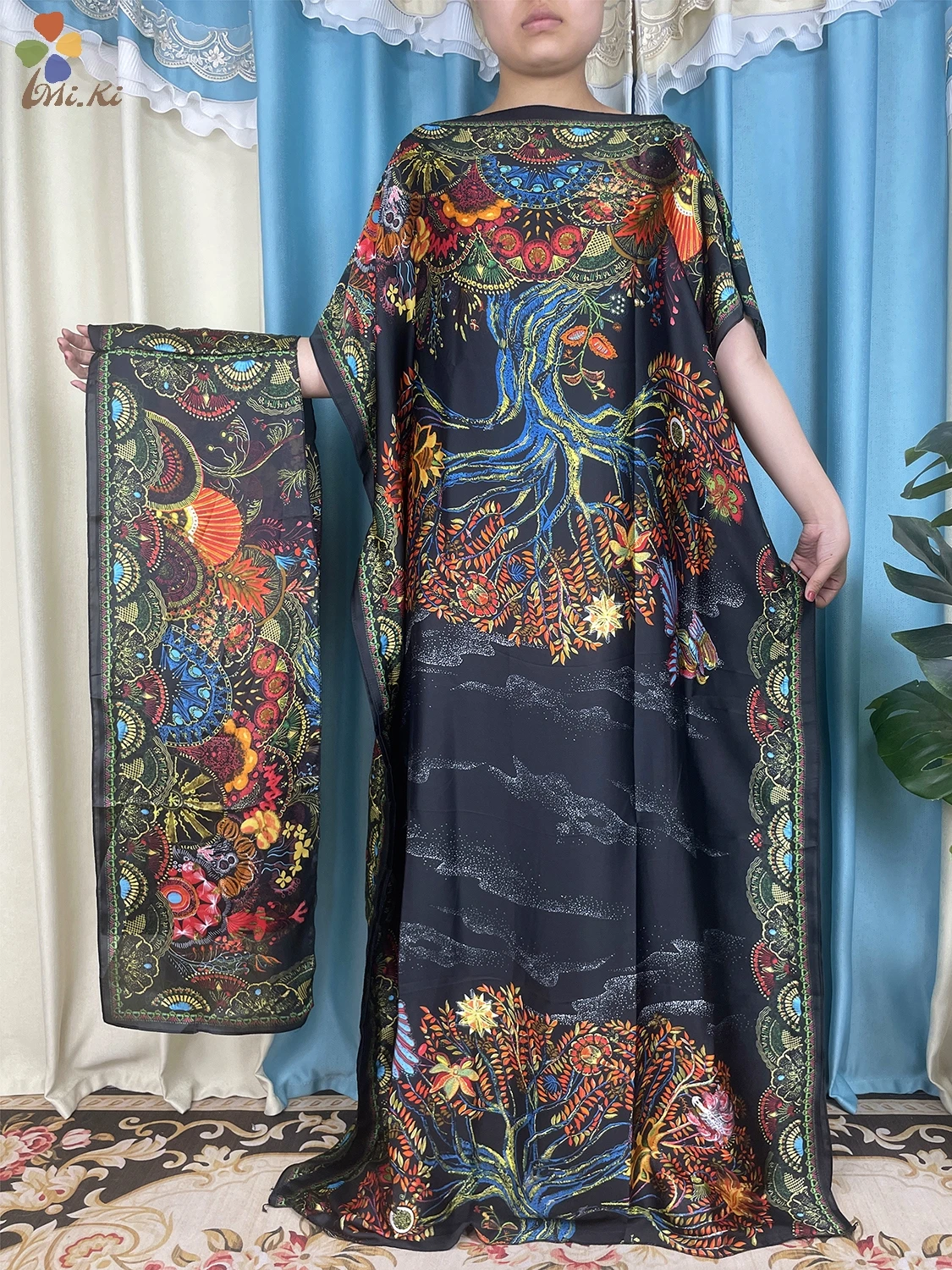 Latest African Fashion Summer Loose fitting Women Silk Dress Dubai Printed Soft Robe Kaftan Muslim Women Party Evening Dress