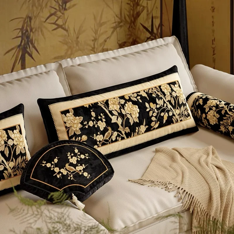 Black Velvet Pillow Chinese Retro Birds Cushion Case Fan Long 35x100 Decorative Pillow Cover For Sofa Chair Home Decorations