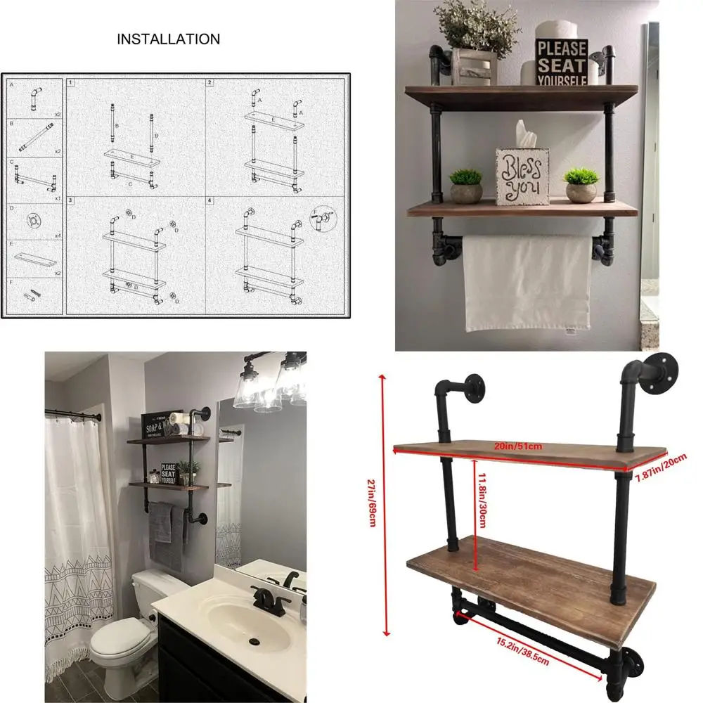 

20 Dual-Tier Metal Pipe Towel Rack with Rustic Wood Wall Shelves and Bar