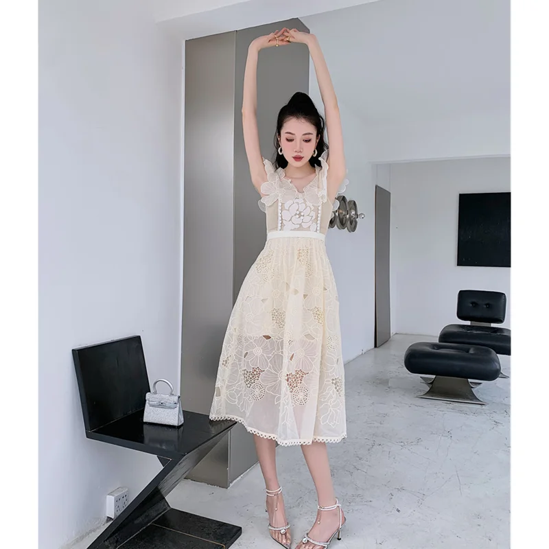 2024 Summer Chic Hollowed-out Three-dimensional Flower Embroidered Fairy Skirt Gentle Heavy Work Delicate Waist Princess Dress