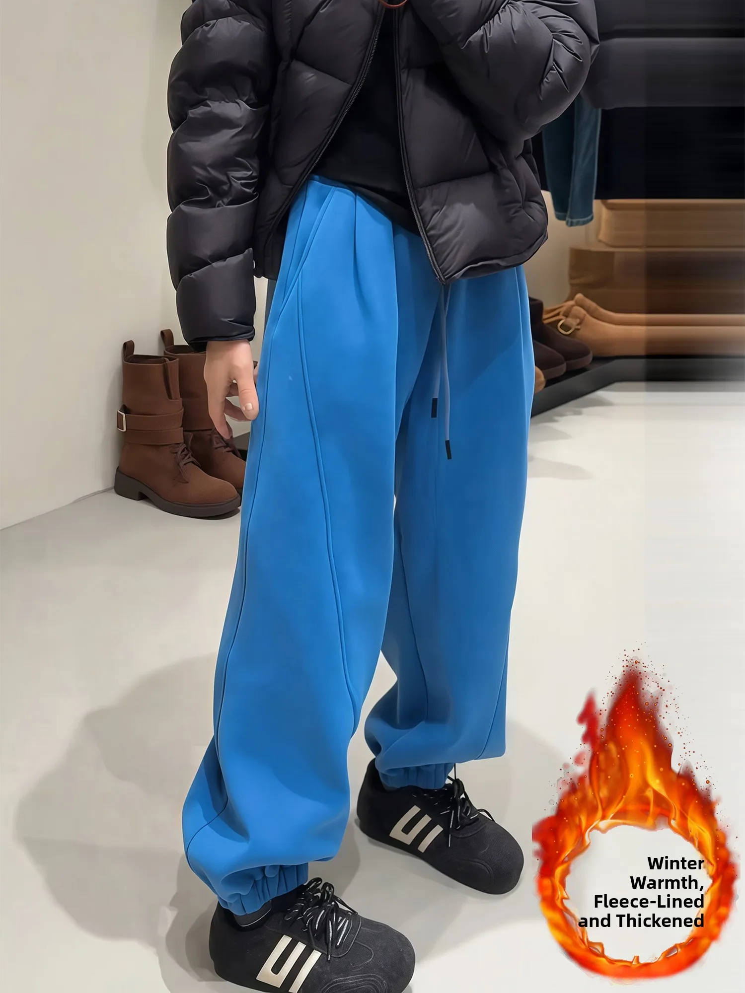 Blue Fleece Lined Fashionable Sweatpants Women's High Waist Drapey Sporty Casual Trousers American Style Cuffed Pants