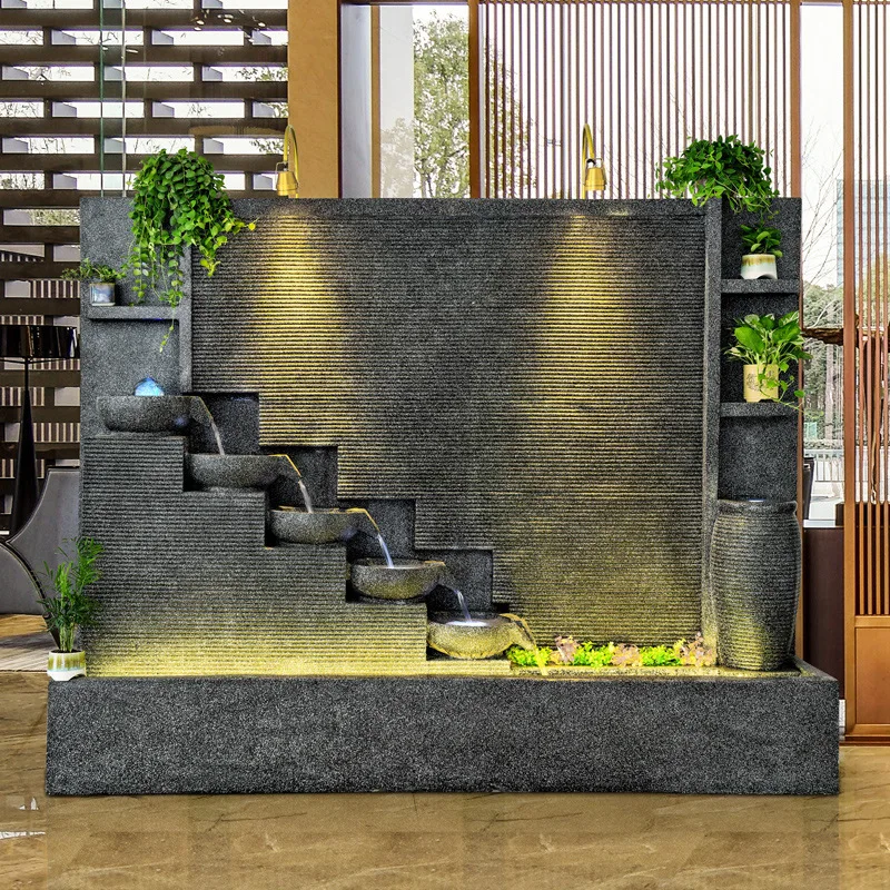 HYS hall flowing water wall  curtain wall simple water feature stone carving water spray fish pond garden decorative