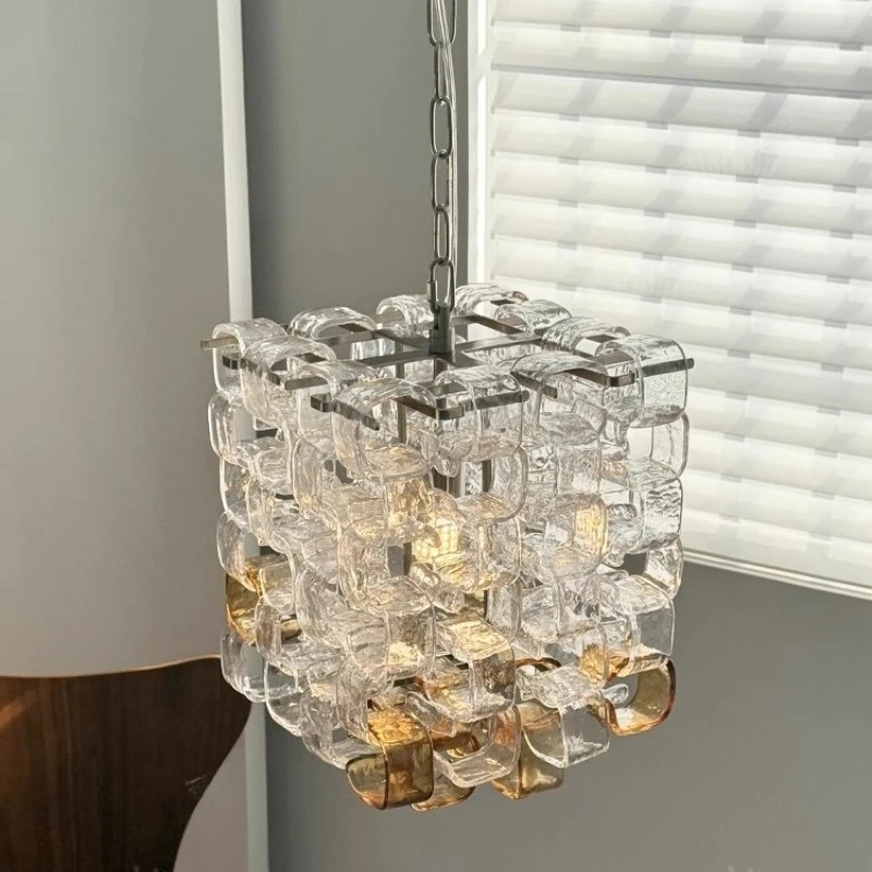 American Designer Carbon Steel LED Pendant Light Square Transparent Glass Hanging Lamp Living Room Study Cafe Bedroom Chandelier