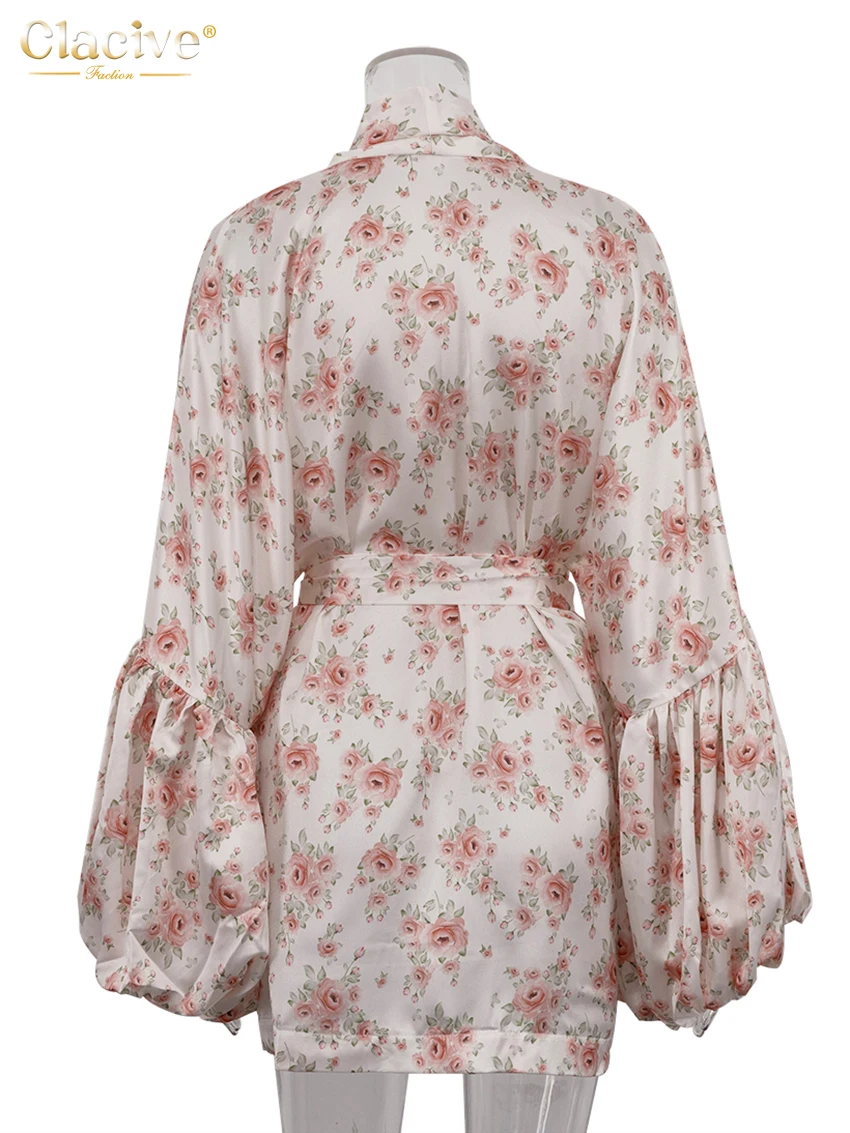 Clacive Fashion Loose Print Women's Dress 2025 Casual V-Neck Long Sleeve Mini Dresses Elegant Classic Pleated Female Dress