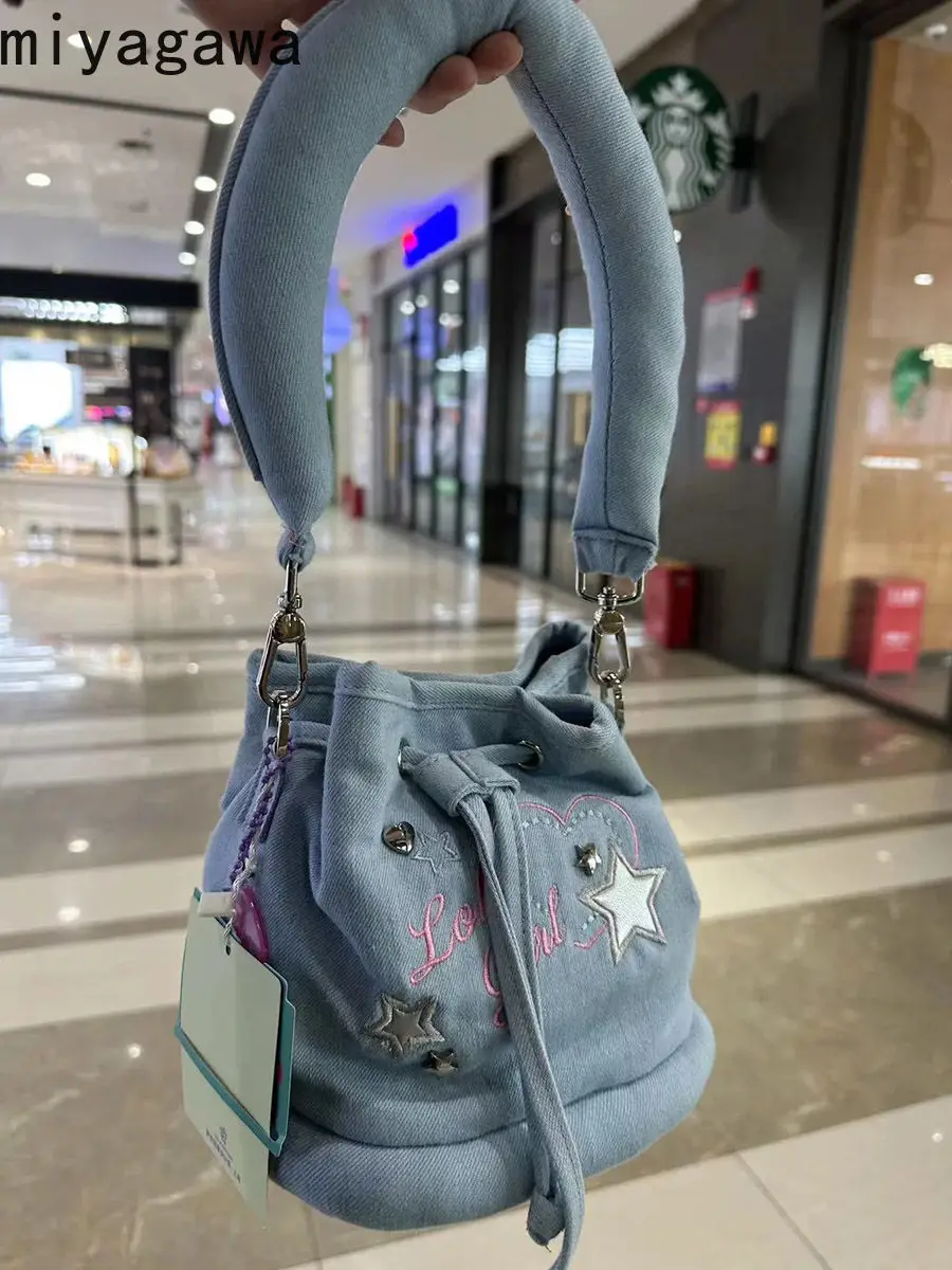 Miyagawa 2023 New Casual Fashion Denim Bucket Bag Student Universal Drawstring Book One Shoulder Jeans Bag