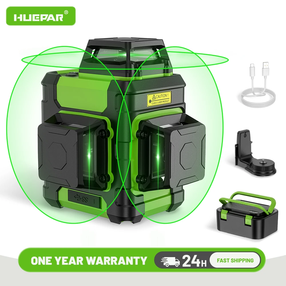 Huepar 3x360° Laser Level Green Beam 12 Lines Self-leveling Cross Line 3D Laser level Tools With Pulse Mode& Hard Carry Case