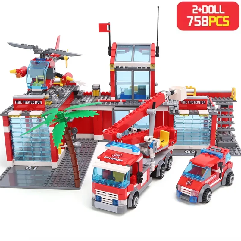 

City Fire Station Building Blocks Set 758pcs Helicopter Fire Trucks STEM Educational DIY Toys Gifts For Children Kids Boys Girls