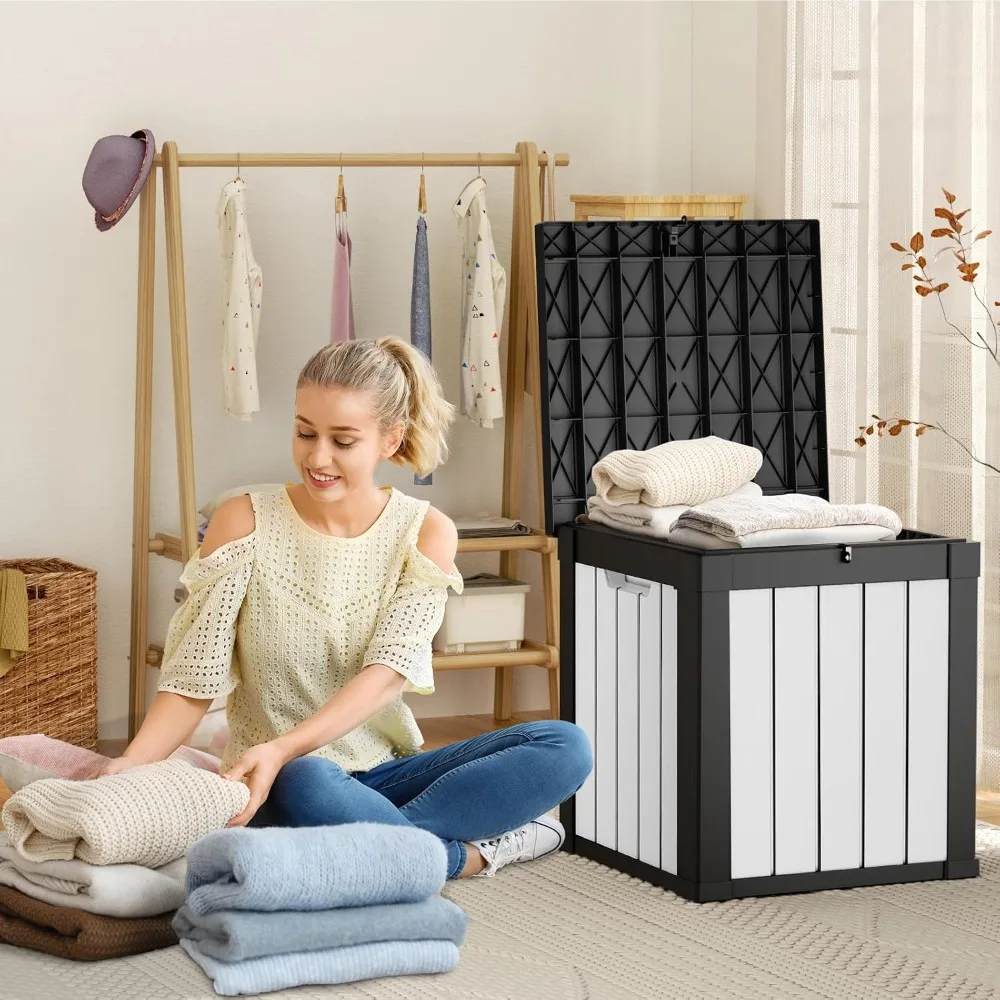 50 Gallon Resin Deck Box, Lockable Waterproof Weatherproof Outdoor Storage Container for Garden Tools, Cushions Outdoor Accessories Black&White