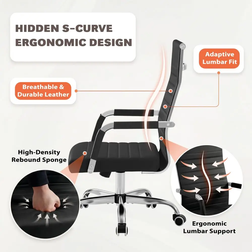 Ergonomic Office Desk Chair, Executive Ribbed MidBack PU Leather Conference Room Chair Adjustable Swivel Chair with Arms 4 pcs, - view 5