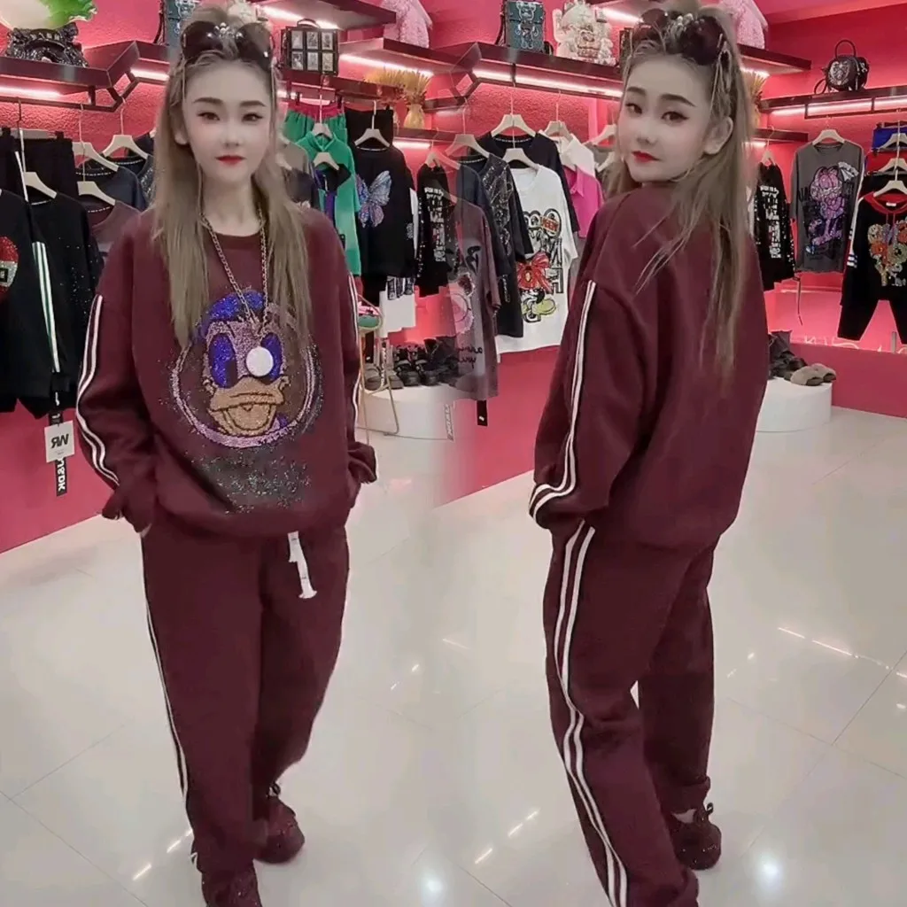 Heavy Industry Cartoon Hot Diamond Cartoon Round Neck Pullover Sweatshirt Autumn New Loose Hoodie Top and Pants Two-piece Sets