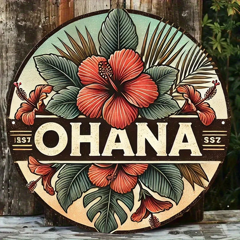 2D Flat, Vintage "Ohana" Aluminum Sign - 20.32x20.32 cm Round Tropical Floral & Bird Design, Hawaiian-Themed Wall Art for Home &