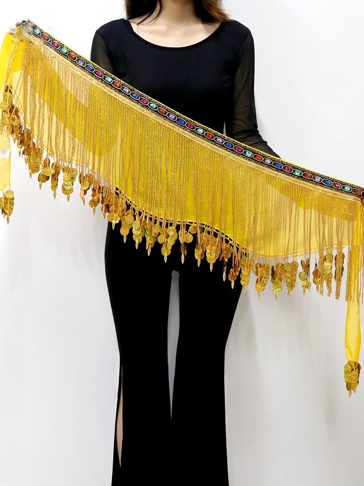 Women Belly Dance Accessories Teardrop Paillettes Coloured Diamond Fringe Wrap Bohemia Belts Coins Hip Scarf with Beads Tassels