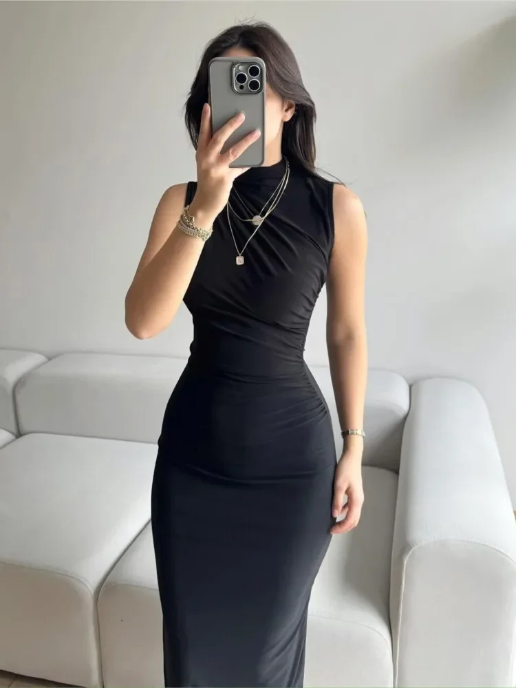 

Sexy Slim Sleeveless Dresses Women Fashion Trendy Solid Color Folds Package Hip Bodycon Slit Dress Female Party Club Vestidos