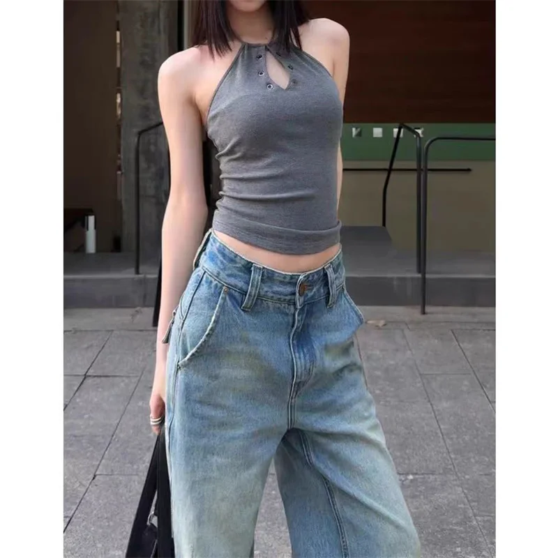 

Vintage Hollow Halter Lace Up Vest Woman Slim Sleeveless Backless Top Women Short Tops Summer Sexy Female Clothes