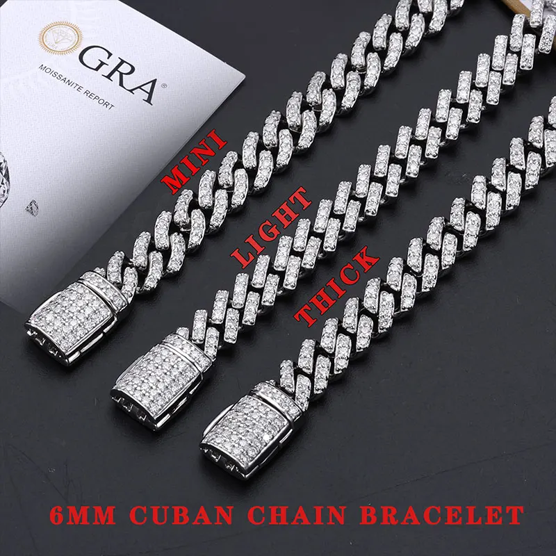 TUHE Unisex VVS1 D Color Moissanite 6mm Cuban Chain Bracelet  S925 Silver For Men Hip Hop Jewelry