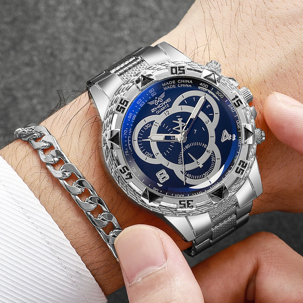 4 개/대 패션 남자 쿼츠 시계 럭셔리 대형 다이얼 남성 비즈니스 손목 시계 남성 시계 쥬얼리 세트 Reloj Hombre (상자 없음)