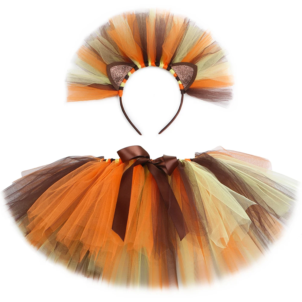 Girls Lion Tutu Skirt Perform Dance Toddler Baby Tutus Tulle Skirt Kids Halloween Animal Lion King Costume with Mane Headband