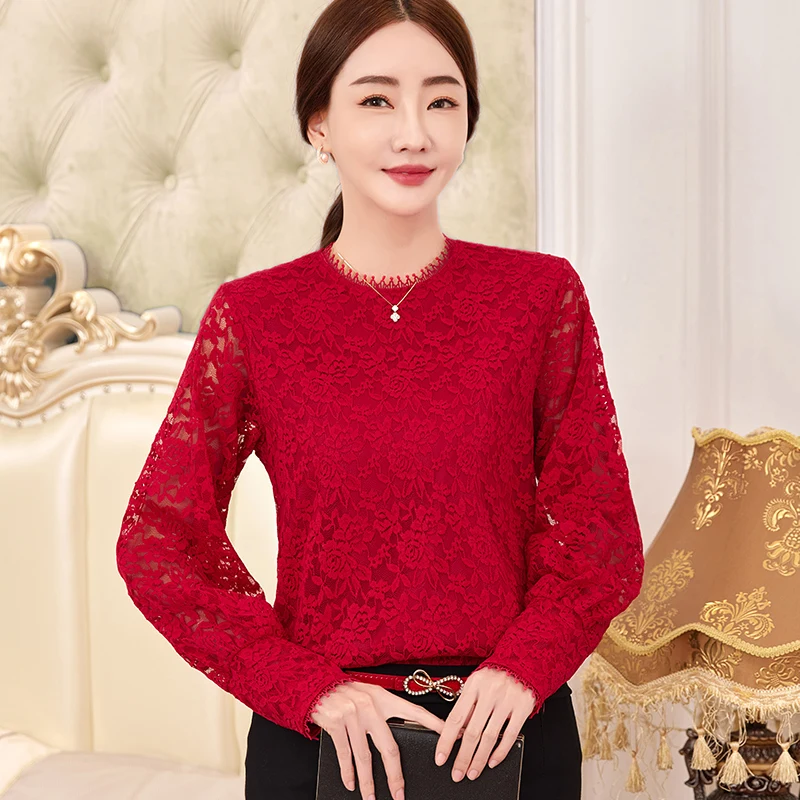 Elegant Women’s Blouses Autumn Korean Style Clothes Long Sleeve Lace Hollow Out Blouse Woman New Collection 2023