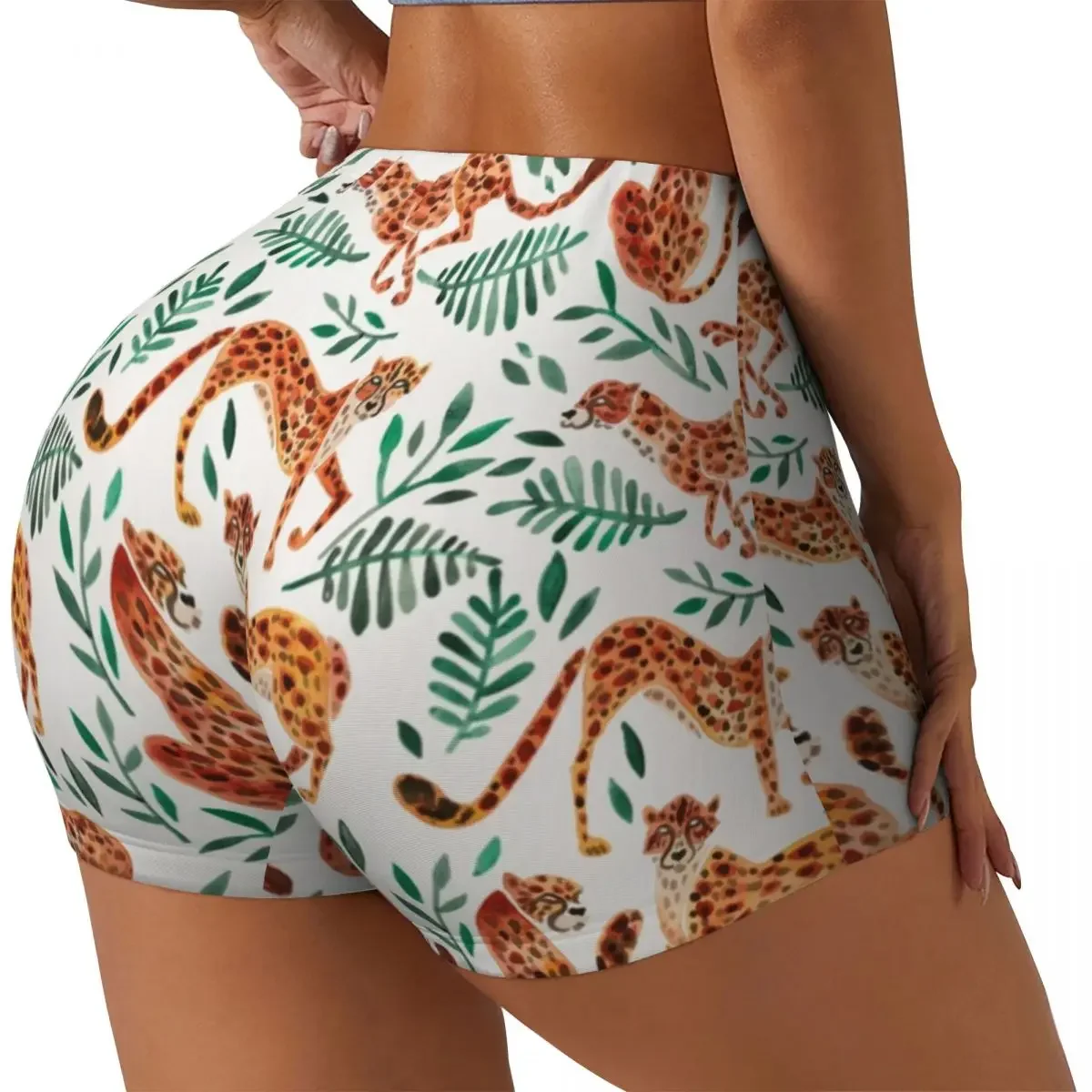 Custom Tropical Jungle Animal Cheetah Gym Biker Running Shorts Women's Leopard Print Workout Yoga Shorts