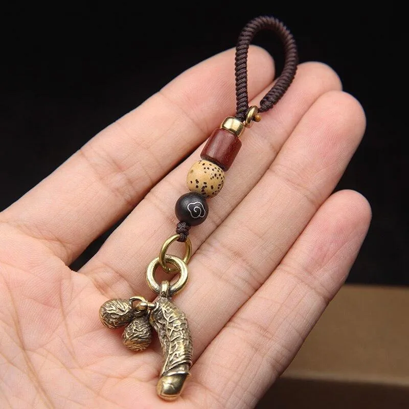 Brass Man Penis Lanyard Pendant Keychain Mini Male Genitalia Adult Toy Car Hanging Jewelry Funny Gift for Friends