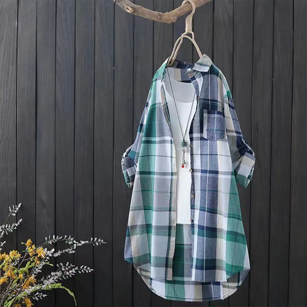 Breathable Women Blouse Colorful Plaid Print Women's Shirt with Pocket Loose Fit Lapel Long Sleeve Mid-length for Women