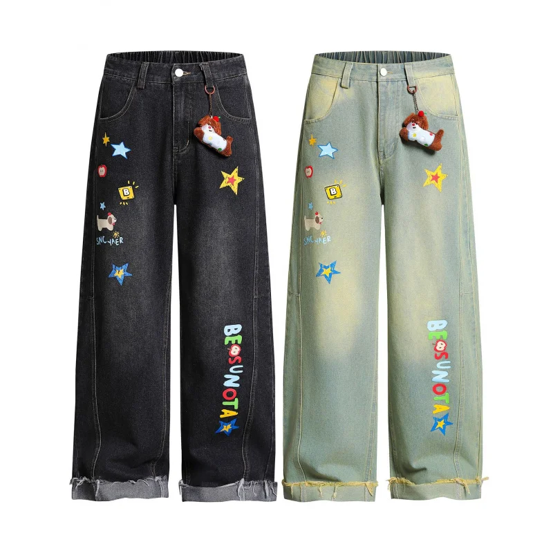 MAQVOB Jeans dritti da cartone animato di alta qualità taglia EU US Pantaloni a gamba larga con ciondolo cane staccabile unisex