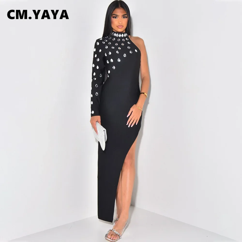 CM.YAYA Women Diamonds Hot Rhinestones Full Sleeve High Side Split Bodycon Long Maxi Dress Sexy Club Even Party Dresses Vestidos