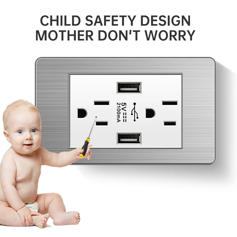 US Thai Universal Wall Power Switch Socket Type-C USB Plug 118*73mm Wall Mount Switch Stainless Steel Panel Multifunction Socket