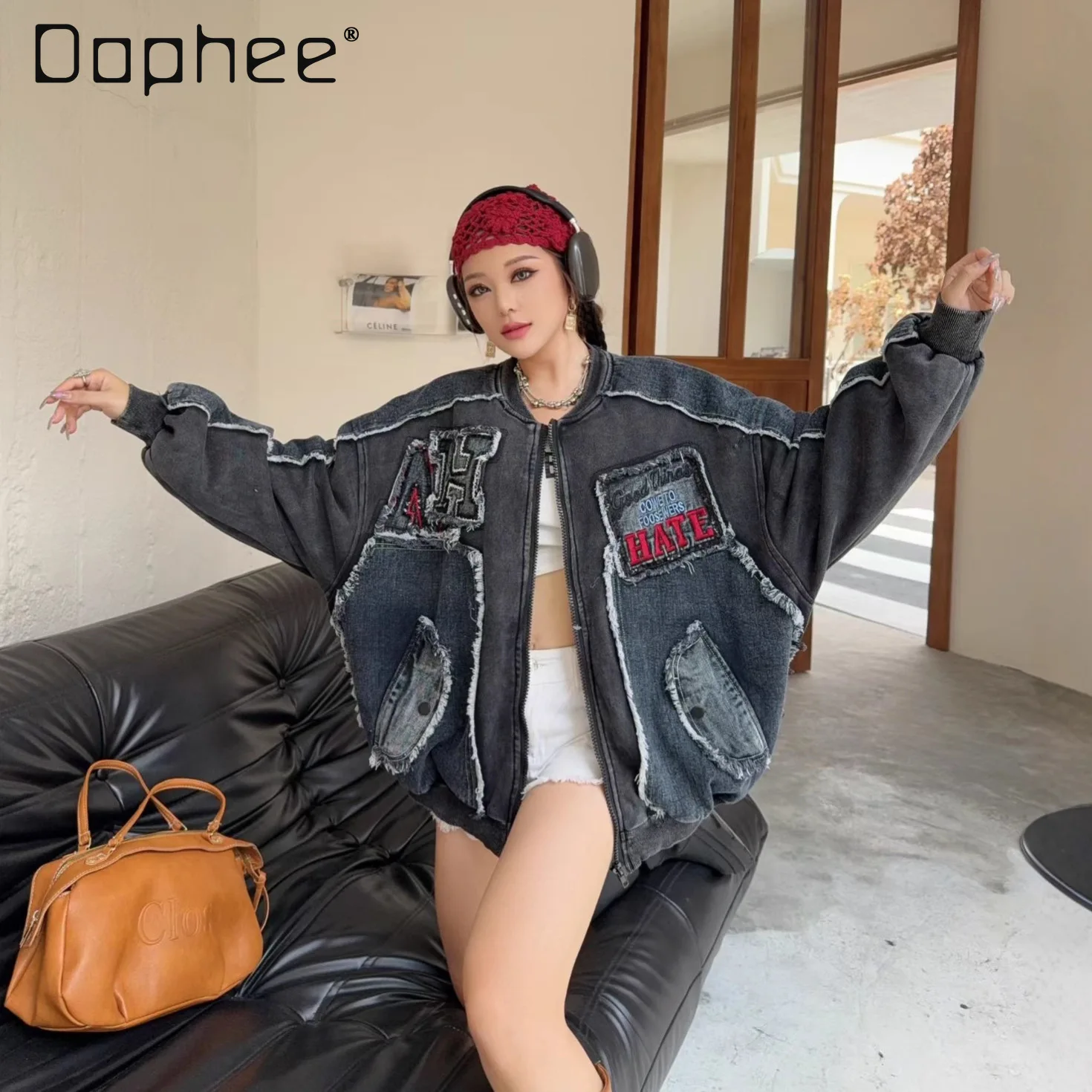 

Джинсовая куртка, весенне-осенняя модная свободная модная бейсбольная куртка с мультяшным принтом, верхние куртки для женщин