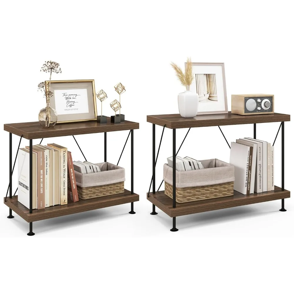 2-Tier Open-Back Bookshelf of 2, Freestanding Display Rack, Metal Frame Storage Shelves, Industrial Style Bookcase, Home