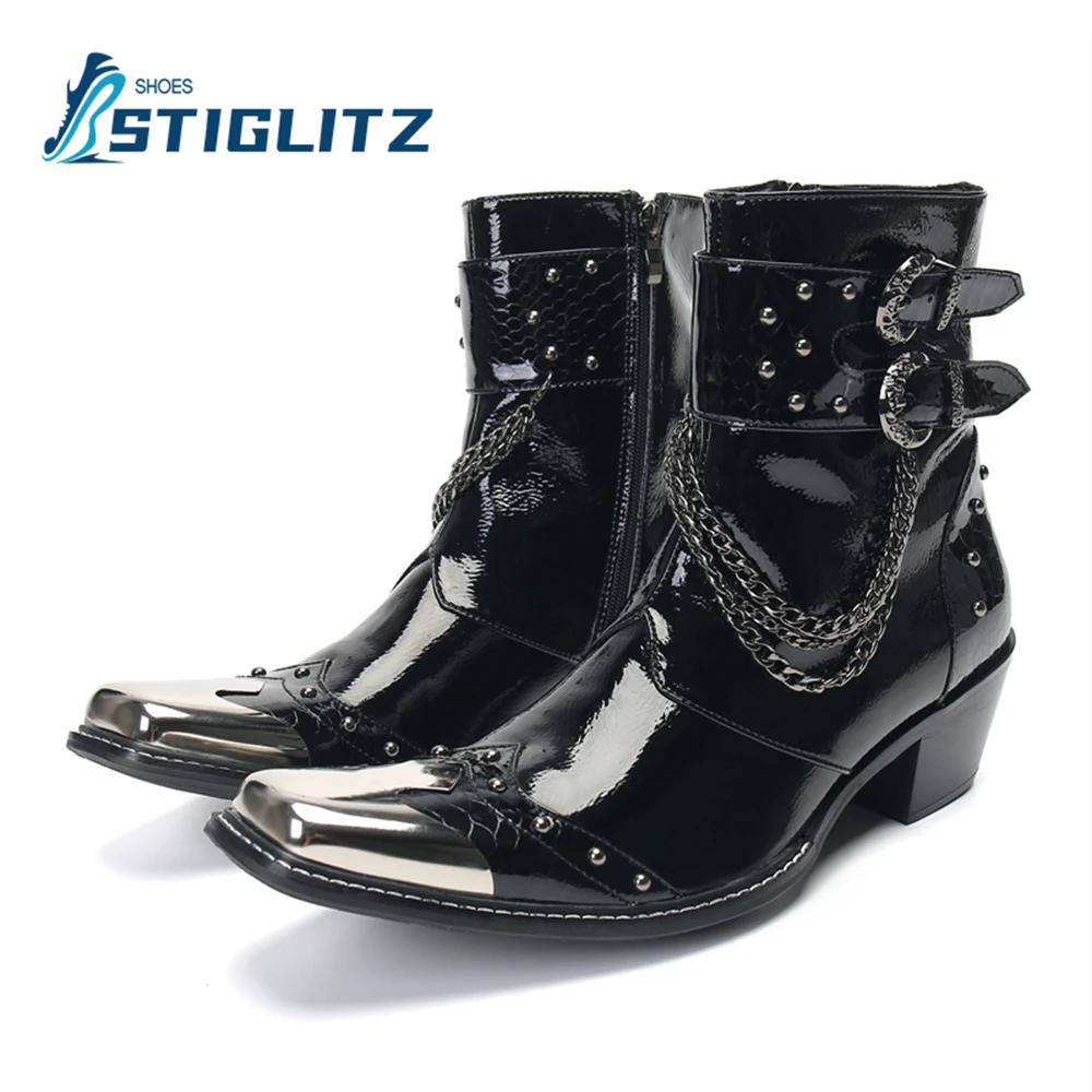 Metal Pointed Toe Chelseas Rivet Buckle Chain Punk Style Ankle Boots Men's Genuine Leather Shoes 6.5Cm High Heel Short Boots New