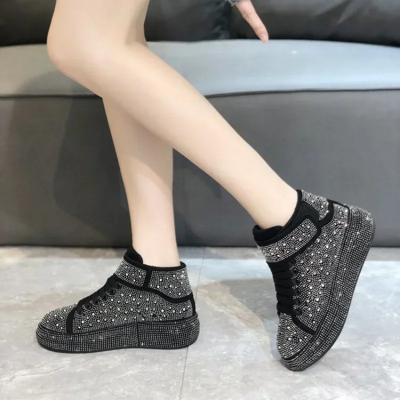 Zapatillas de deporte de moda para mujer, zapatos informales con plataforma y cordones de diamantes de imitación, brillantes, primavera y otoño, 2022