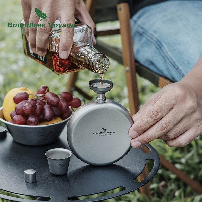 

Boundless Voyage Camping Titanium Hip Flask with Funnel Portable Round Sports Bottle Water Wine Whiskey Drinkware 150ml