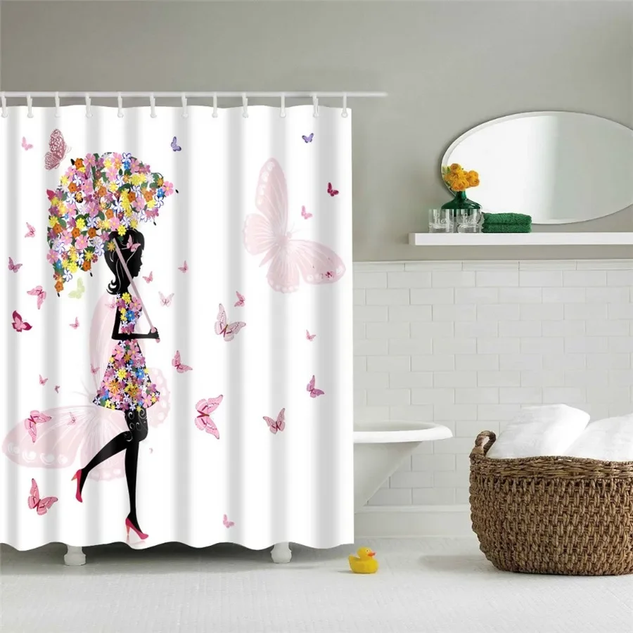 Pink Flower Butterfly Girls Shower Curtains Bathroom Curtain Fabric Waterprood Polyester For Bath Decor Bath Curtain With Hooks