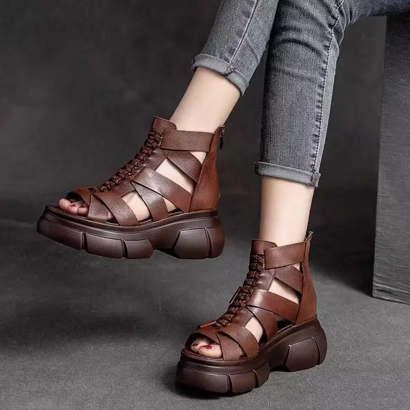 

Summer 2025 New Style Women's Thick-soled Anti-slip Hollowed-out Ankle Boots Roman Shoes Open-toe High-top Women's Sandals