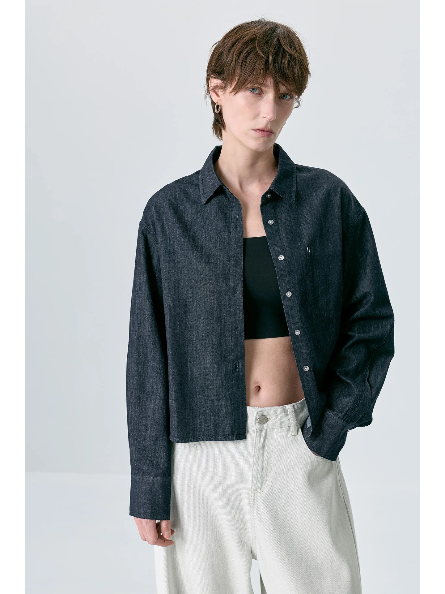 

Washed Blue Cotton Denim Shirt Women's Short Sleeveless Collar Long Sleeve Shirt Outerwear Casual Comfortable Breathable