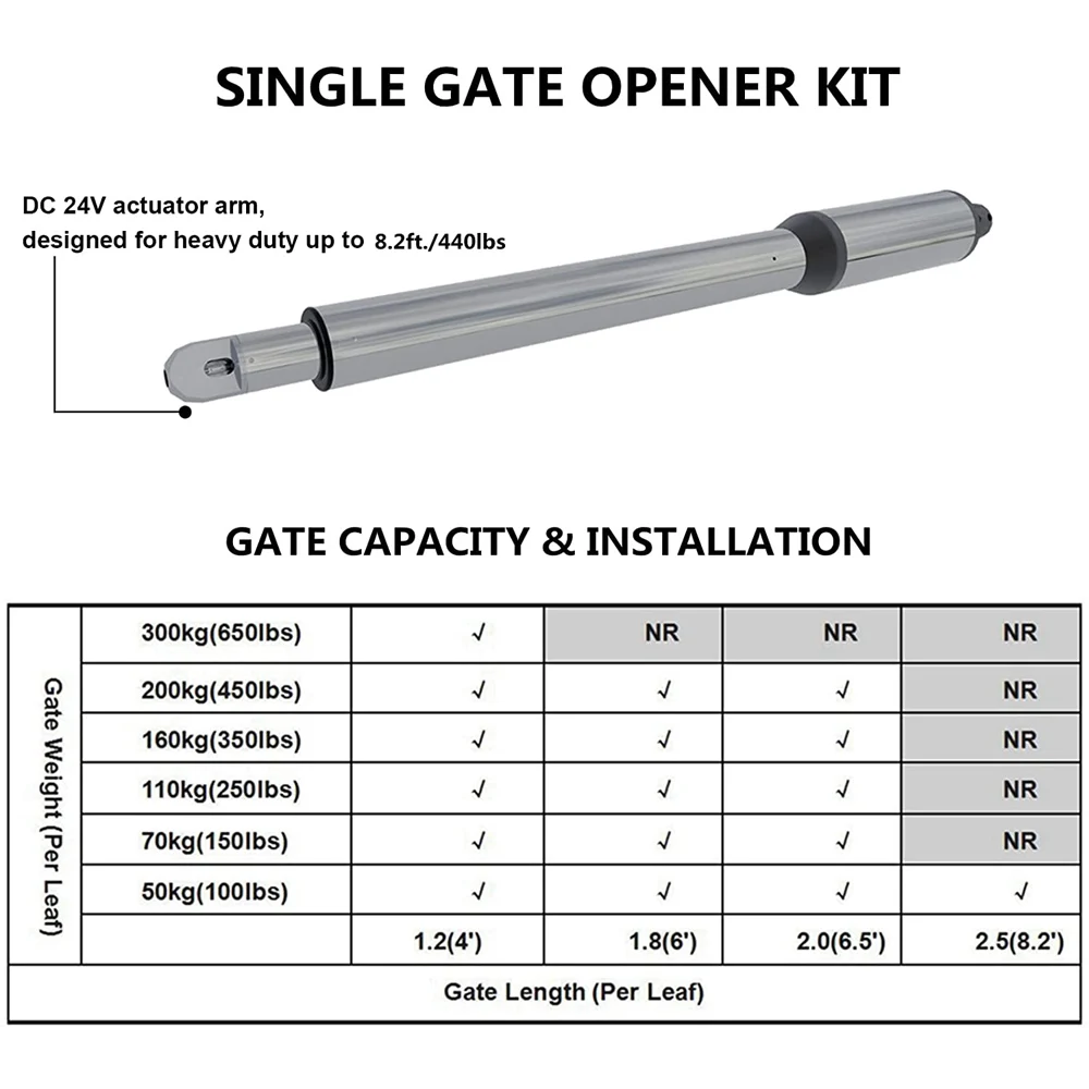 Automatic (660lb) Single Swing Gate Opener Kit with Remote Suitable for Opening Gates /Gate Motor Solar Powered Optional