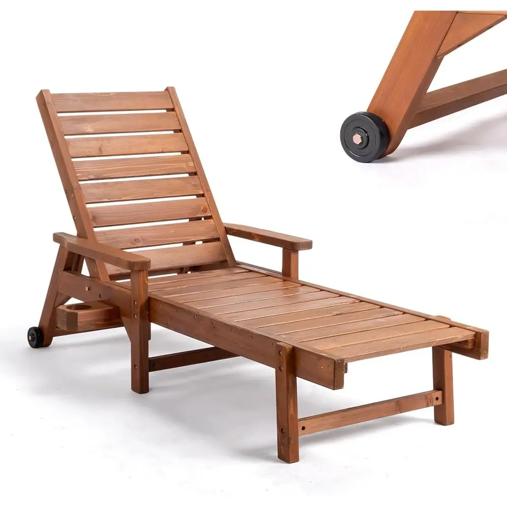 

Brown Wooden Patio Lounge Chair with Adjustable Backrest, Cup Holder, and Wheels for Poolside or Beach Relaxation