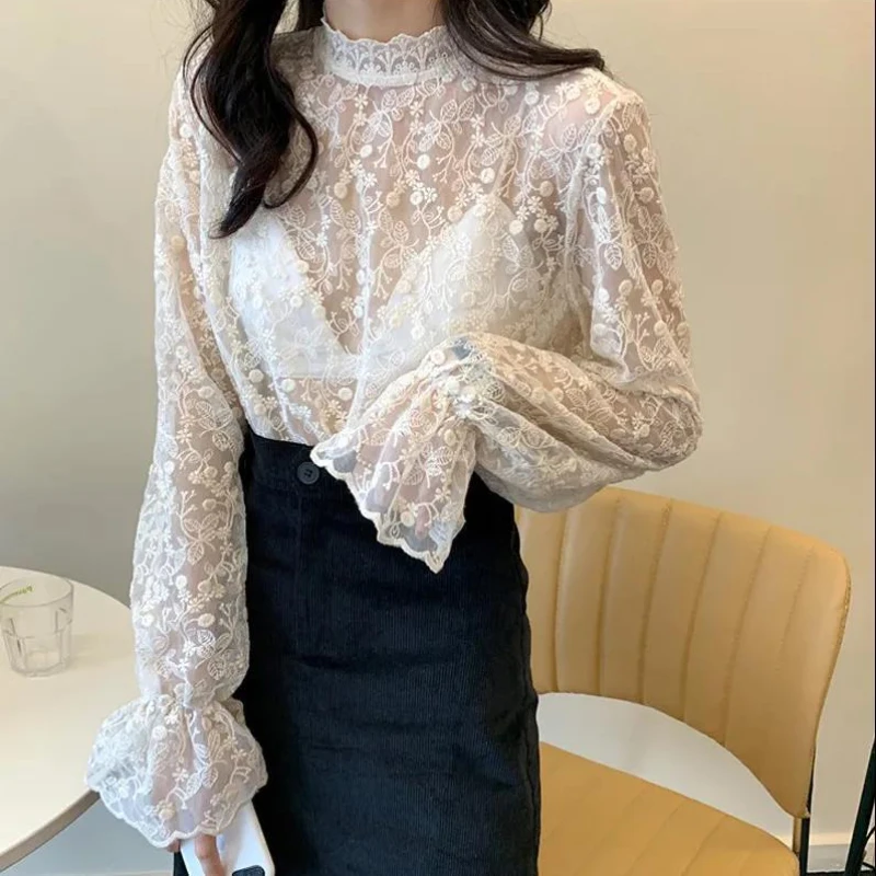 Blouses Women Lace Design Korean Style Simple Sweet Solid All-match Leisure Basic Elegant Fashion Ladies Comfortable Retro New