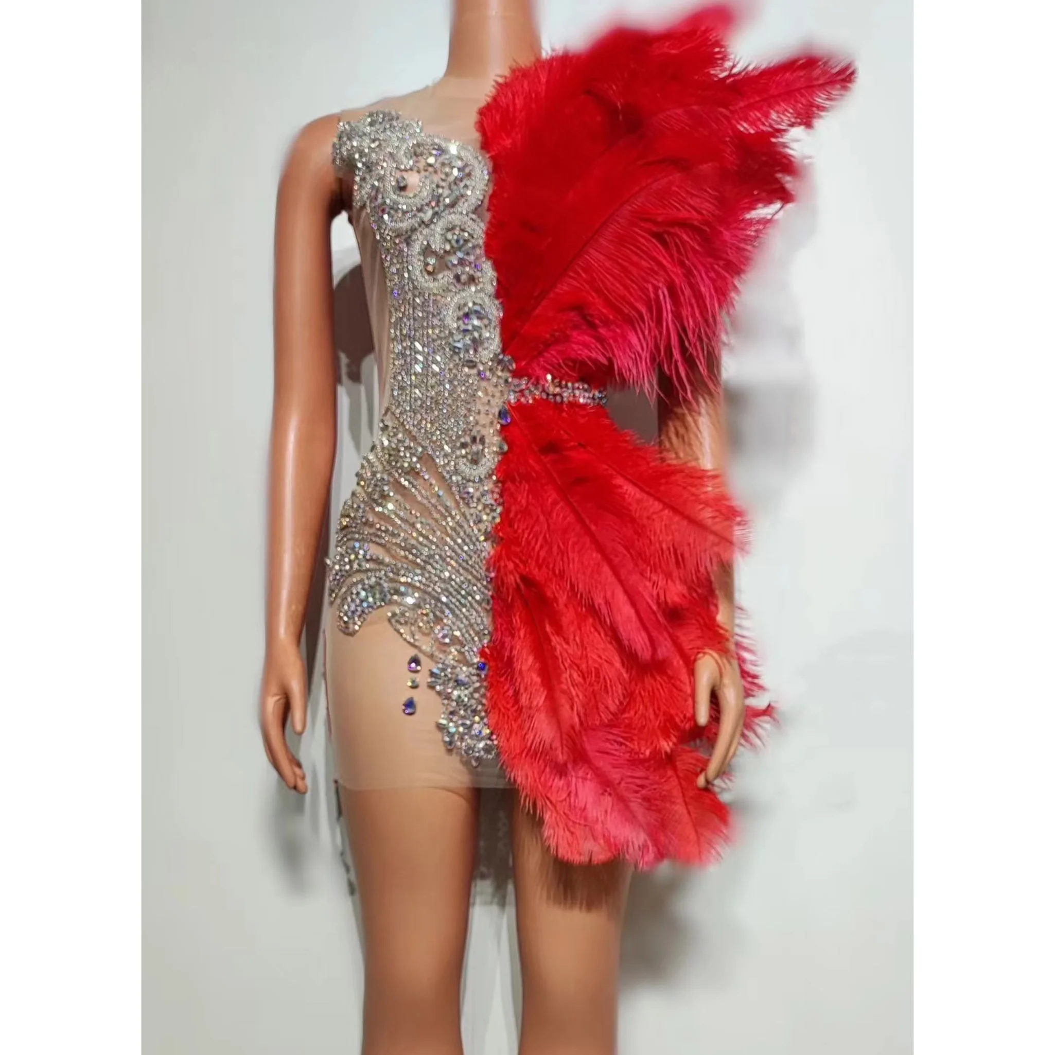 Woman Sexy Gogo Costume Rhinestone Feather Slim Dress Singer Dancer Stage Wear Festival Party Clothing Drag Queen Outfit