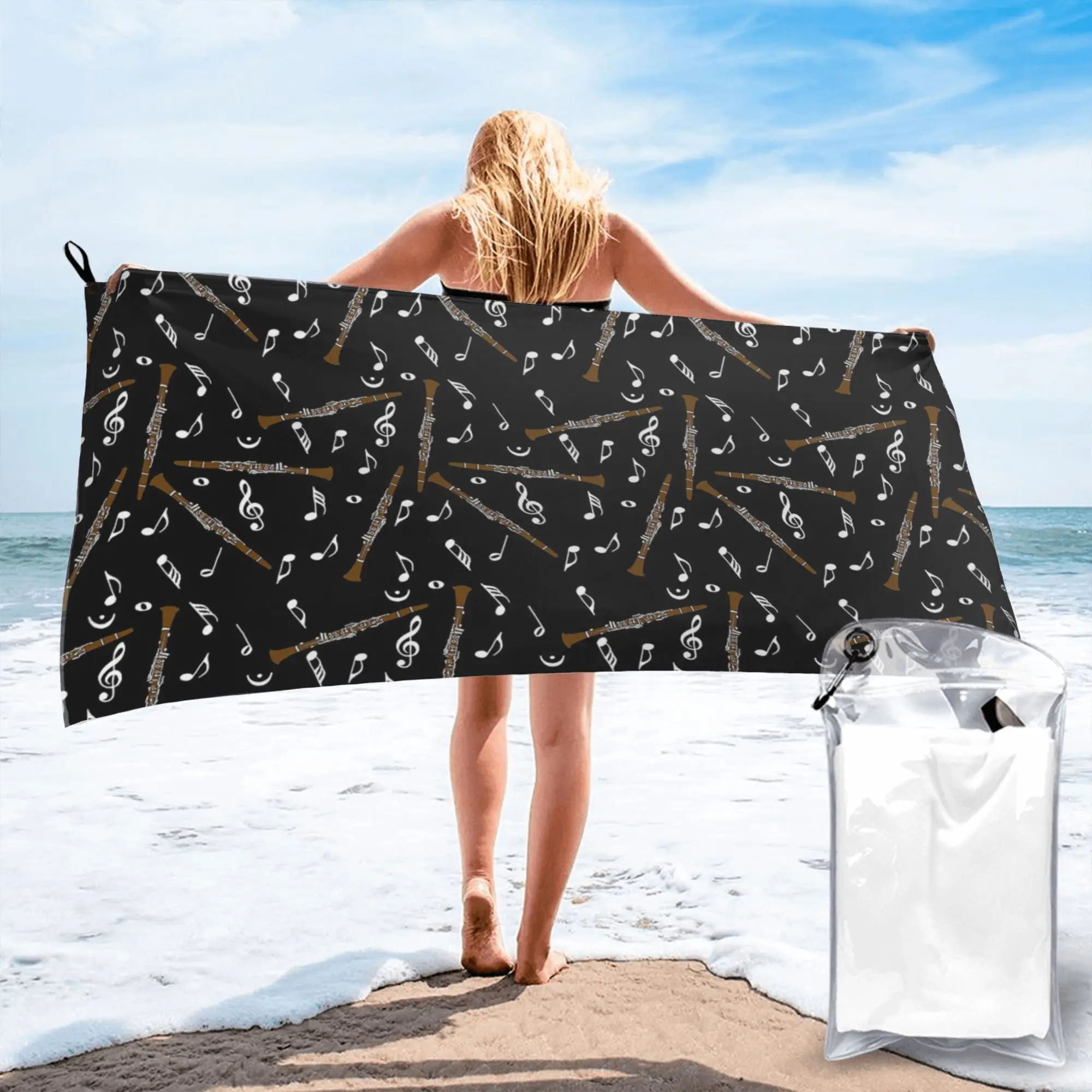 

Пляжное полотенце с рисунком музыкальных нот для кларнета, мягкое, из микрофибры, быстросохнущее, впитывающее, для бассейна