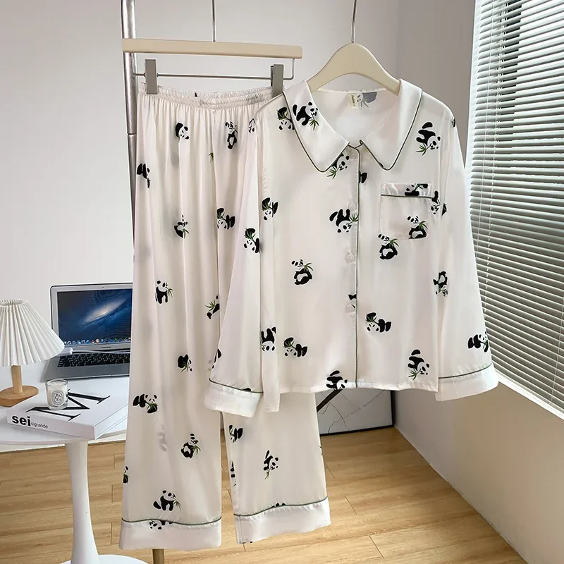 

Spring Autumn Satin Long Sleeve Trouser Pijamas Suit Print Panda 2PCS Pajamas Set Female Sleepwear Sexy Homewear Lounge Wear