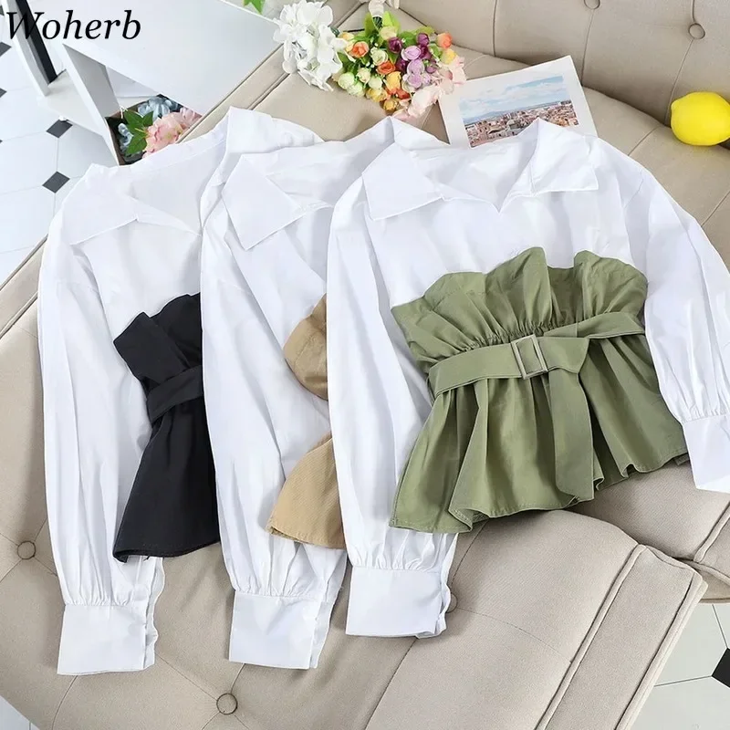 Woherb Korean Fashion Blouse Women Patckwork Fake Two-Piece Shirt Tops 2024 Summer Female Elegant Ruffle Blusas Belt Shirts