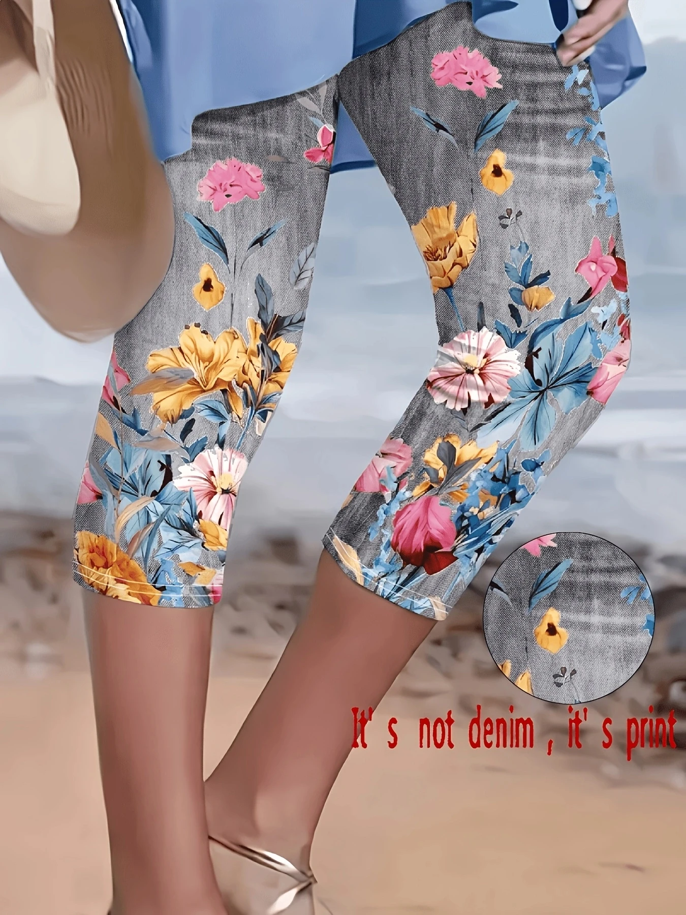 Women Floral Print Capri Leggings, High Stretch Faux Denim Skinny Cropped Pants, Versatile Sports Casual Slim Fit Ankle Trousers