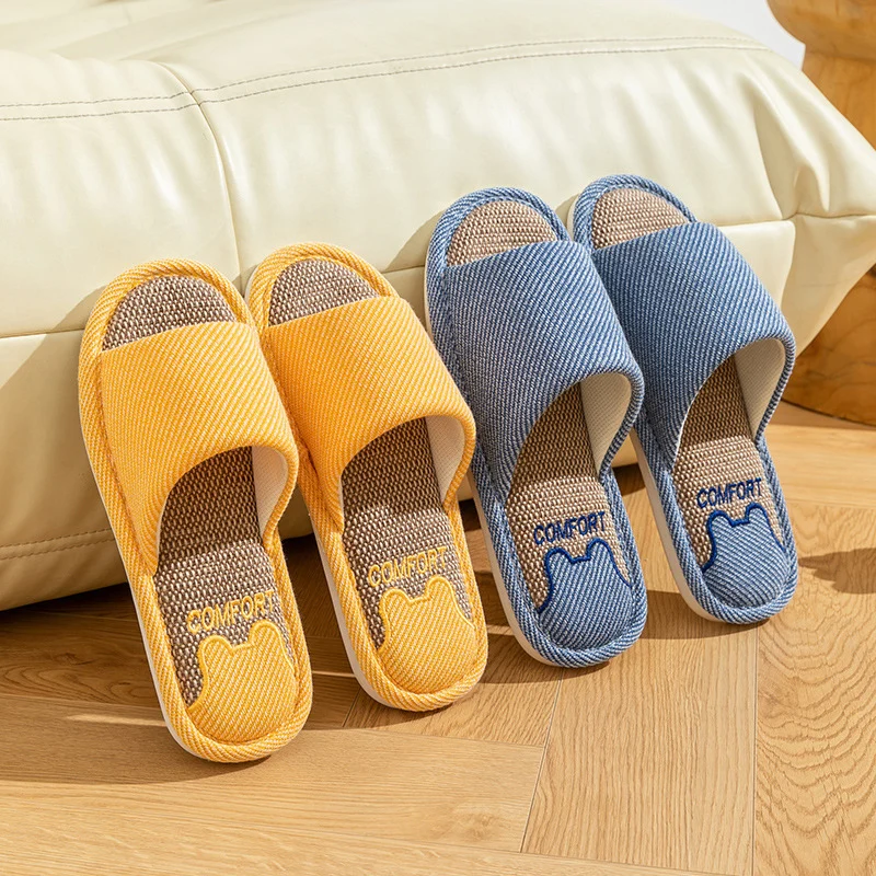 Home Linen Slippers For Women In Spring&Autumn Comfortable Bedroom Open-toed&Breathable Slippers Couple Soft Sole Shoes Summer